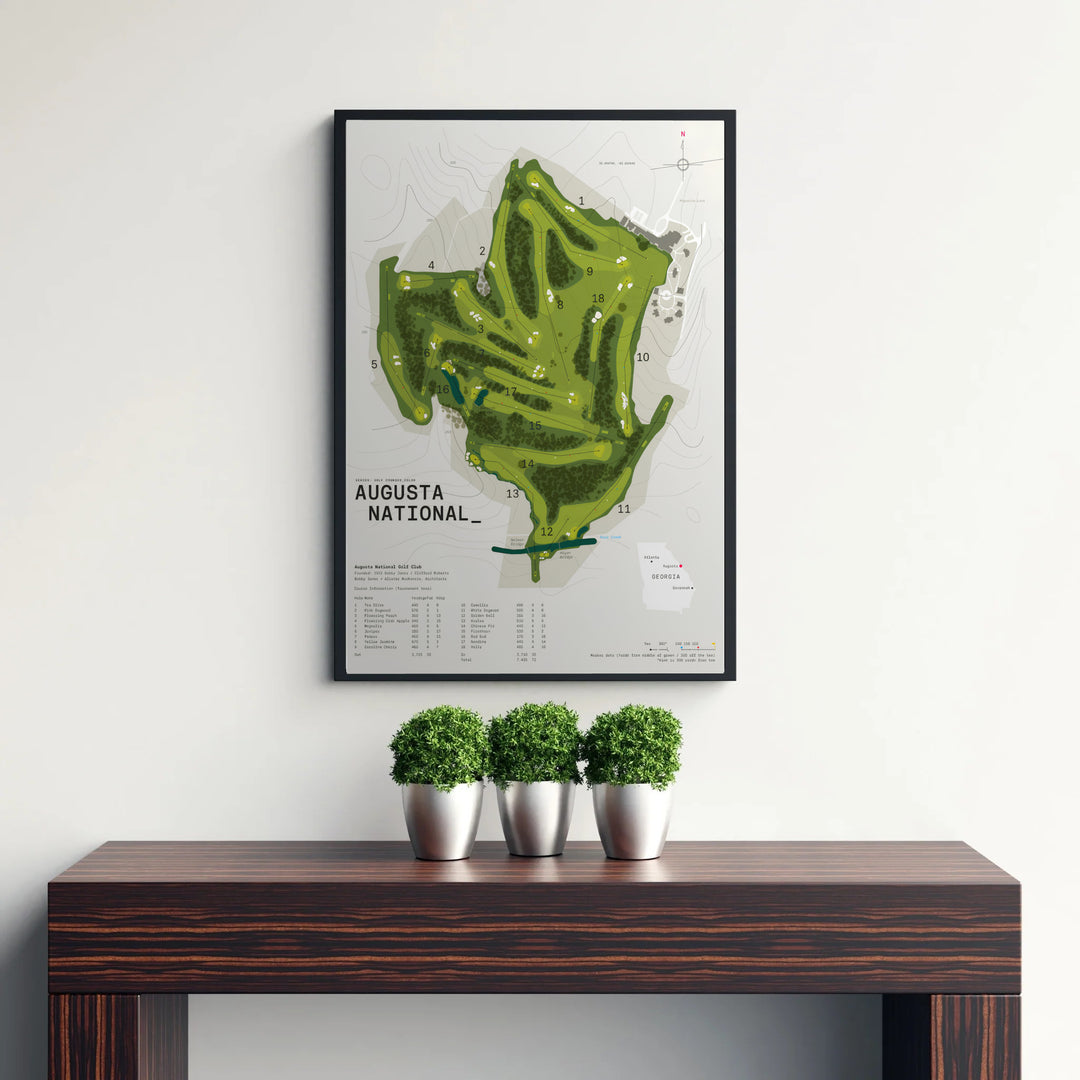 High-precision architectural golf course poster of Augusta Georgia featuring fine topographic lines, green contours, and comprehensive tournament scorecard details. Offered by MapYourDreams, this artwork is available in flexible options including unframed paper, custom wooden frames, and gallery canvas wraps.
