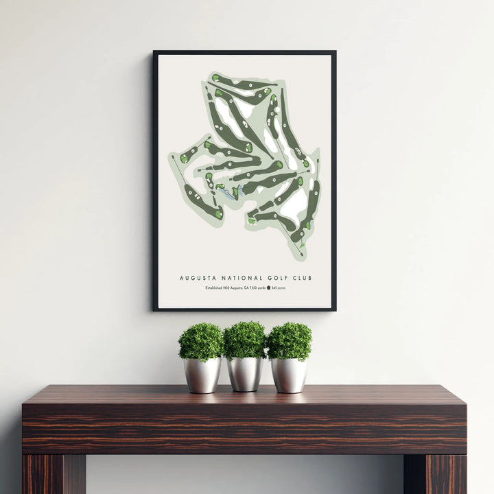 Sophisticated golf wall decor displaying the minimalist overhead layout of Augusta National Golf Club in Georgia with yardage and acreage statistics at the bottom. Offered by MapYourDreams, this artwork is available in flexible options including unframed paper, custom wooden frames, and gallery canvas wraps.