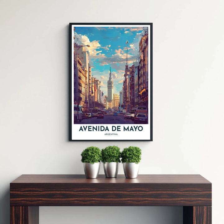 Architectural illustration of Buenos Aires featuring the grand Avenida de Mayo thoroughfare ending at the majestic Palacio Barolo tower. A signature offering from MapYourDreams, available as an unframed paper print, ready-to-hang wooden frame, or gallery canvas wrap.