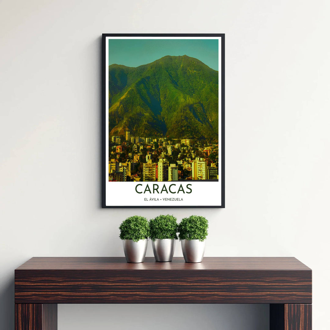 Golden hour city wall art showing yellow apartment towers and dark green mountain slopes at El Ávila in Venezuela. Curated by MapYourDreams, this wall piece offers customizable choices such as archival paper prints, real wood frames, or canvas wraps.