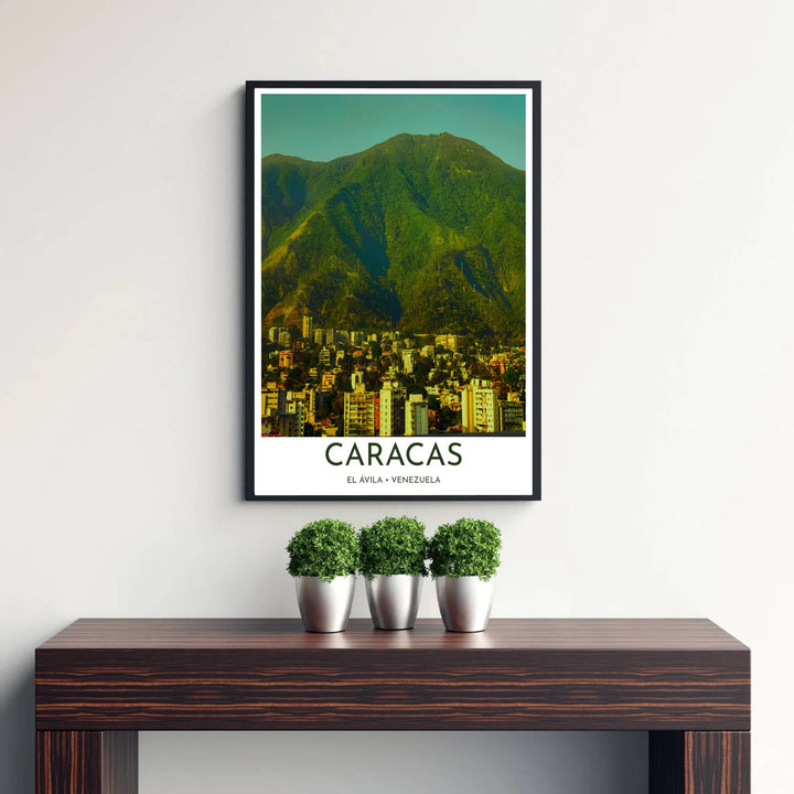 Golden hour city wall art showing yellow apartment towers and dark green mountain slopes at El Ávila in Venezuela. Curated by MapYourDreams, this wall piece offers customizable choices such as archival paper prints, real wood frames, or canvas wraps.