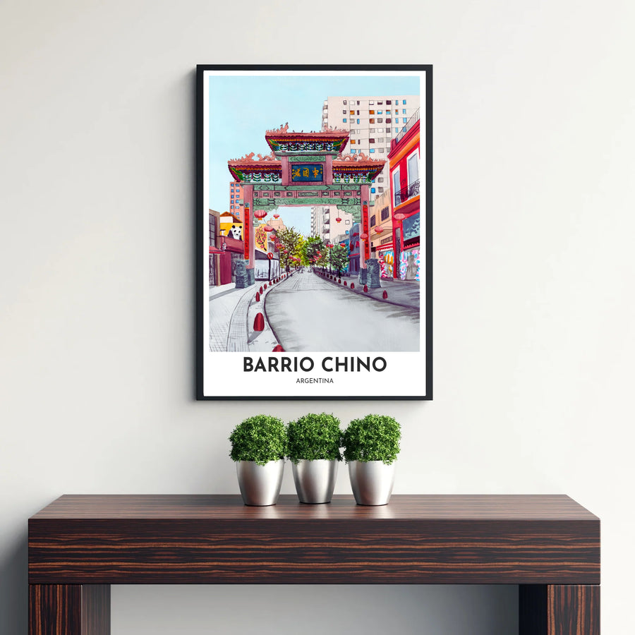 Vibrant South American watercolor travel art print highlighting the cultural landmark entrance of Barrio Chino in central Buenos Aires. Offered by MapYourDreams, customers can choose between standalone paper prints, ready-to-hang wooden frames, and gallery canvas wraps.