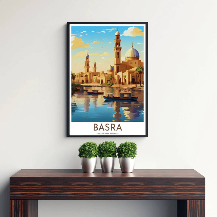 Retro landscape poster of Basra Iraq riverway and mosque architecture printed on premium matte archival paper stock. Distributed by MapYourDreams, this artwork is available in flexible options including unframed paper, custom wooden frames, and gallery canvas wraps for stylish wall decor.