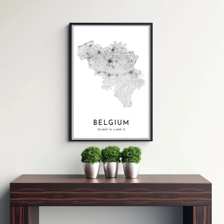 An urban road network poster showcasing the national geography of Belgium with crisp black street lines over a clean white background. Available from MapYourDreams in versatile choices including unframed archival poster paper, custom frames, and stretched gallery canvas formats.