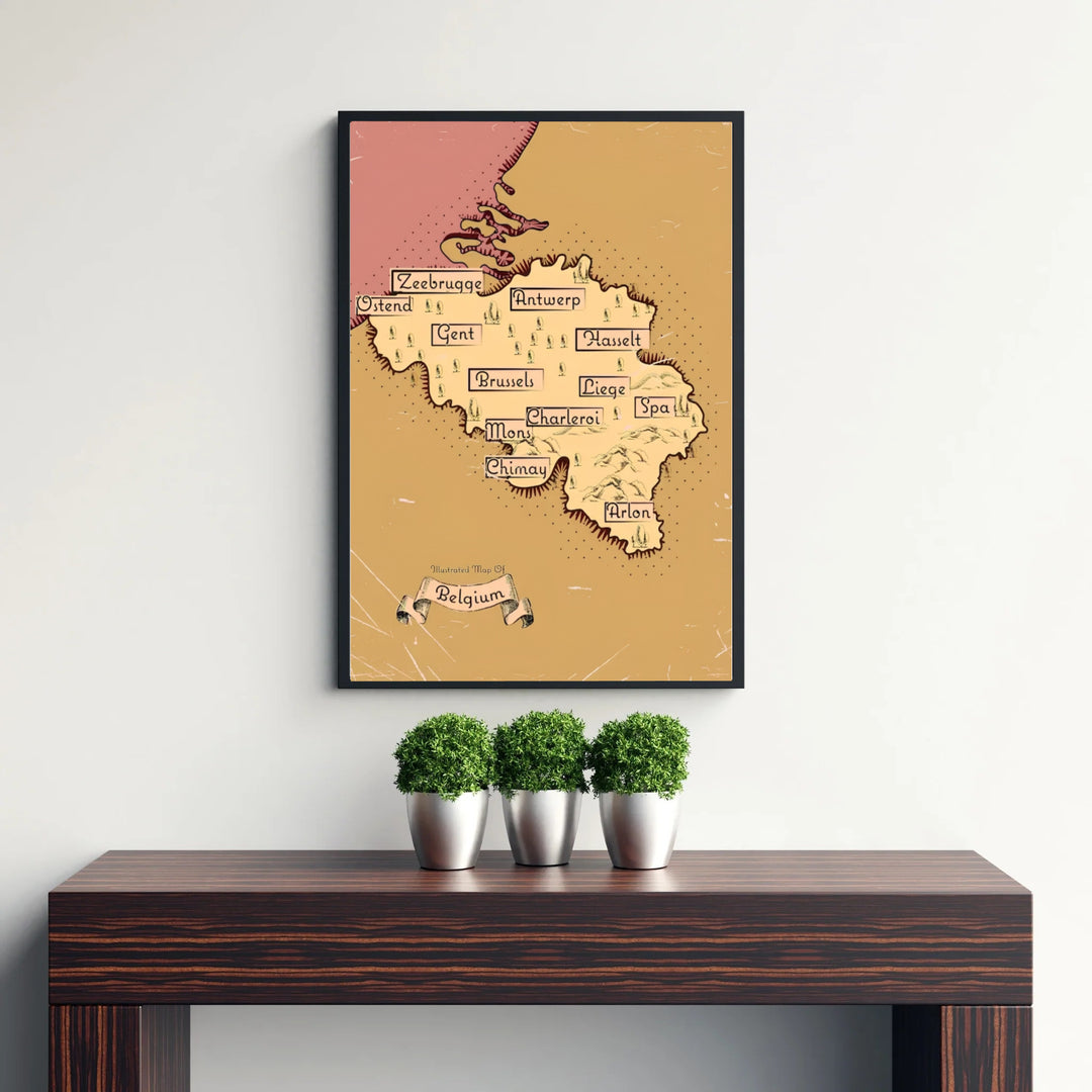 An illustrated old-world map poster displaying the entire nation of Belgium with decorative scroll banners and warm sepia tones. Available from MapYourDreams in versatile choices including unframed archival poster paper, custom frames, and stretched gallery canvas formats.