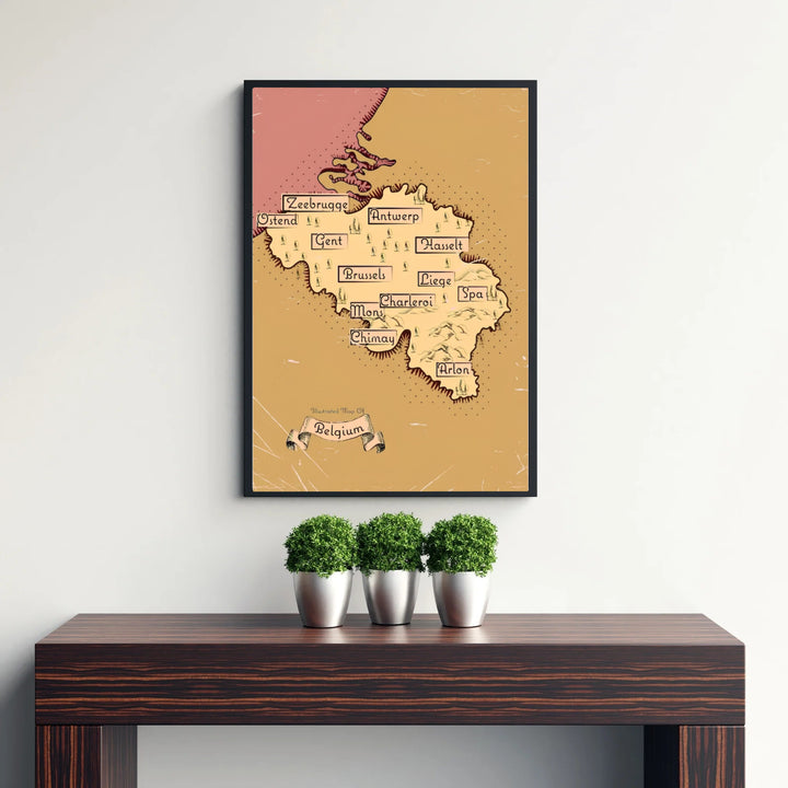 An illustrated old-world map poster displaying the entire nation of Belgium with decorative scroll banners and warm sepia tones. Available from MapYourDreams in versatile choices including unframed archival poster paper, custom frames, and stretched gallery canvas formats.
