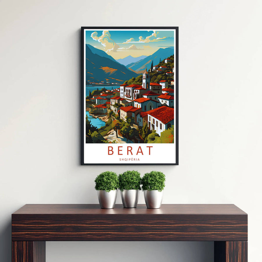 Mediterranean-inspired Albania travel art print featuring the historic city of Berat, ideal for gallery wall arrangements and dining room walls. Offered by MapYourDreams, this artwork is available in flexible options including unframed paper, custom wooden frames, and gallery canvas wraps.