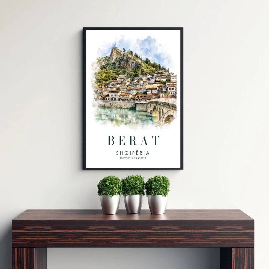 Mediterranean-inspired Albania travel art print featuring the historic Gorica Bridge in Berat, ideal for gallery wall arrangements and dining rooms. Offered by MapYourDreams, this artwork is available in flexible options including unframed paper, custom wooden frames, and gallery canvas wraps.