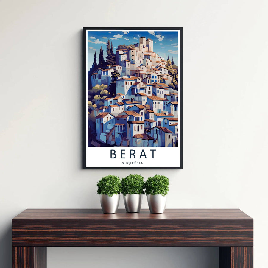 Beautiful European travel print featuring the historic Mangalem quarter of Berat, combining Ottoman-era architectural details and blue skies seamlessly. Offered by MapYourDreams, this artwork is available in flexible options including unframed paper, custom wooden frames, and gallery canvas wraps.