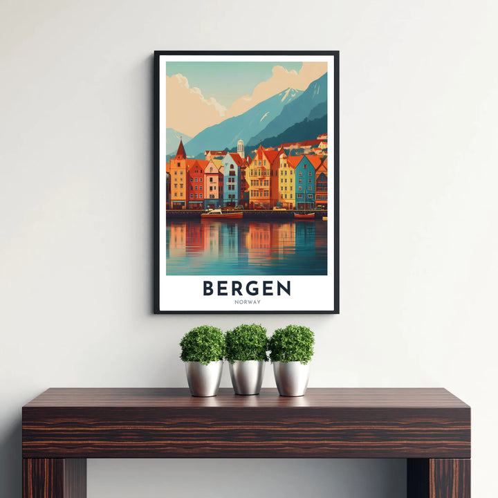 Iconic Scandinavian architecture of Bryggen in Bergen Norway presented in rich warm tones of terracotta, yellow, teal, and blue along the harbor front. Ideal for living rooms or offices, this travel poster selection includes lightweight unframed paper prints, ready to mount framed prints, and gallery quality canvas options.