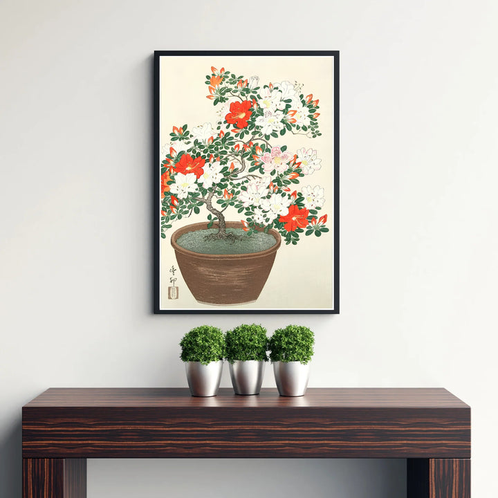 Delicate red and white Japanese botanical poster displaying potted azalea flowers inspired by Kamakura garden culture. Discover tailored framed, unframed, and canvas print options at MapYourDreams.