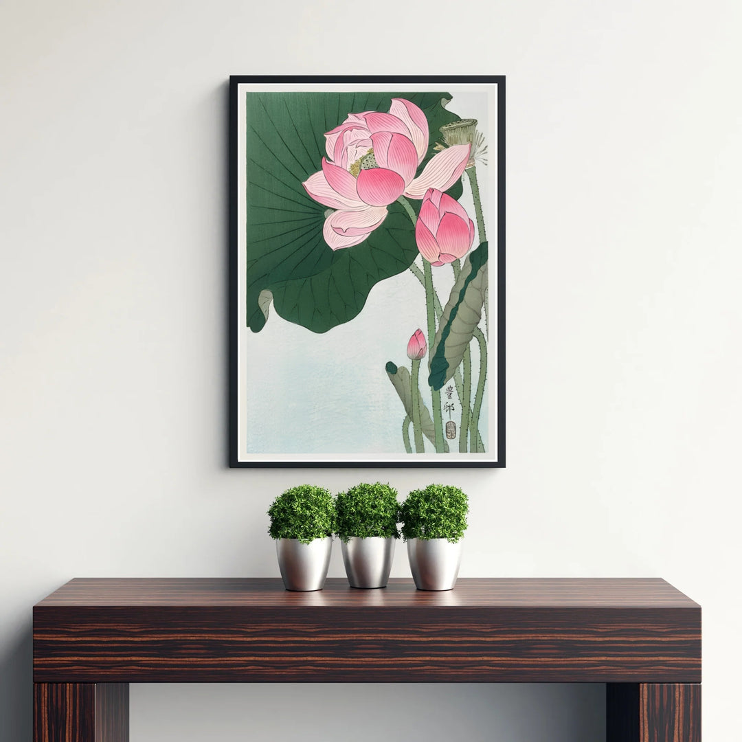 Delicate pink and green Japanese botanical poster displaying lotus buds inspired by Kamakura garden culture. Discover tailored framed, unframed, and canvas print decor options at MapYourDreams.