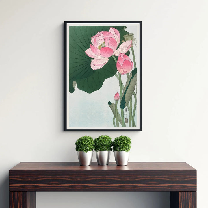 Delicate pink and green Japanese botanical poster displaying lotus buds inspired by Kamakura garden culture. Discover tailored framed, unframed, and canvas print decor options at MapYourDreams.