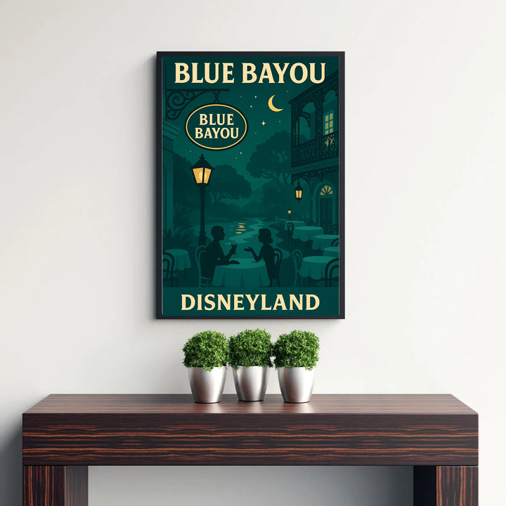 Graphic theme park restaurant wall decor showing quiet waterfront dining and wrought-iron balconies in Disneyland&