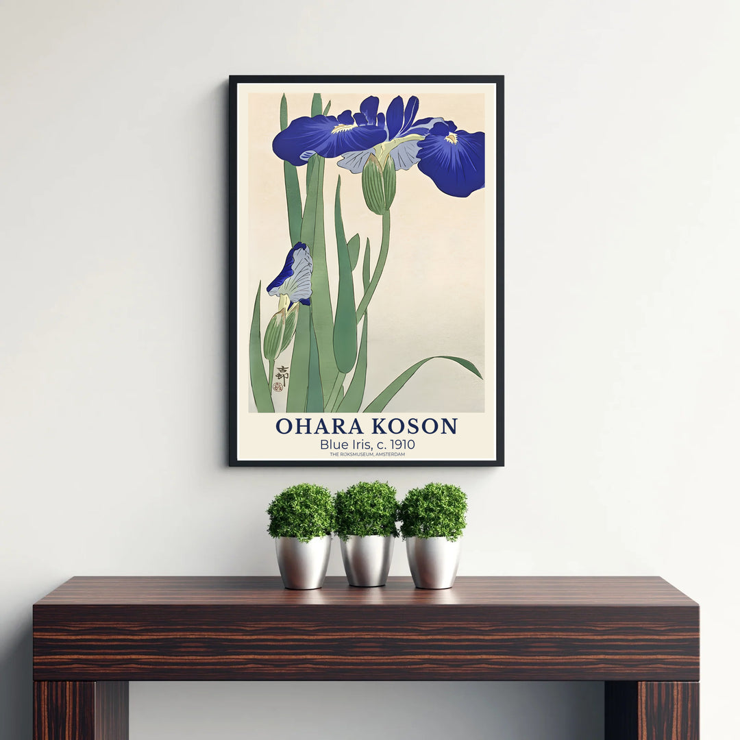 Delicate 1910 blue iris Japanese botanical poster displaying unopened flower buds inspired by collections at The Rijksmuseum, Amsterdam. Discover tailored framed, unframed, and canvas print decor options at MapYourDreams.