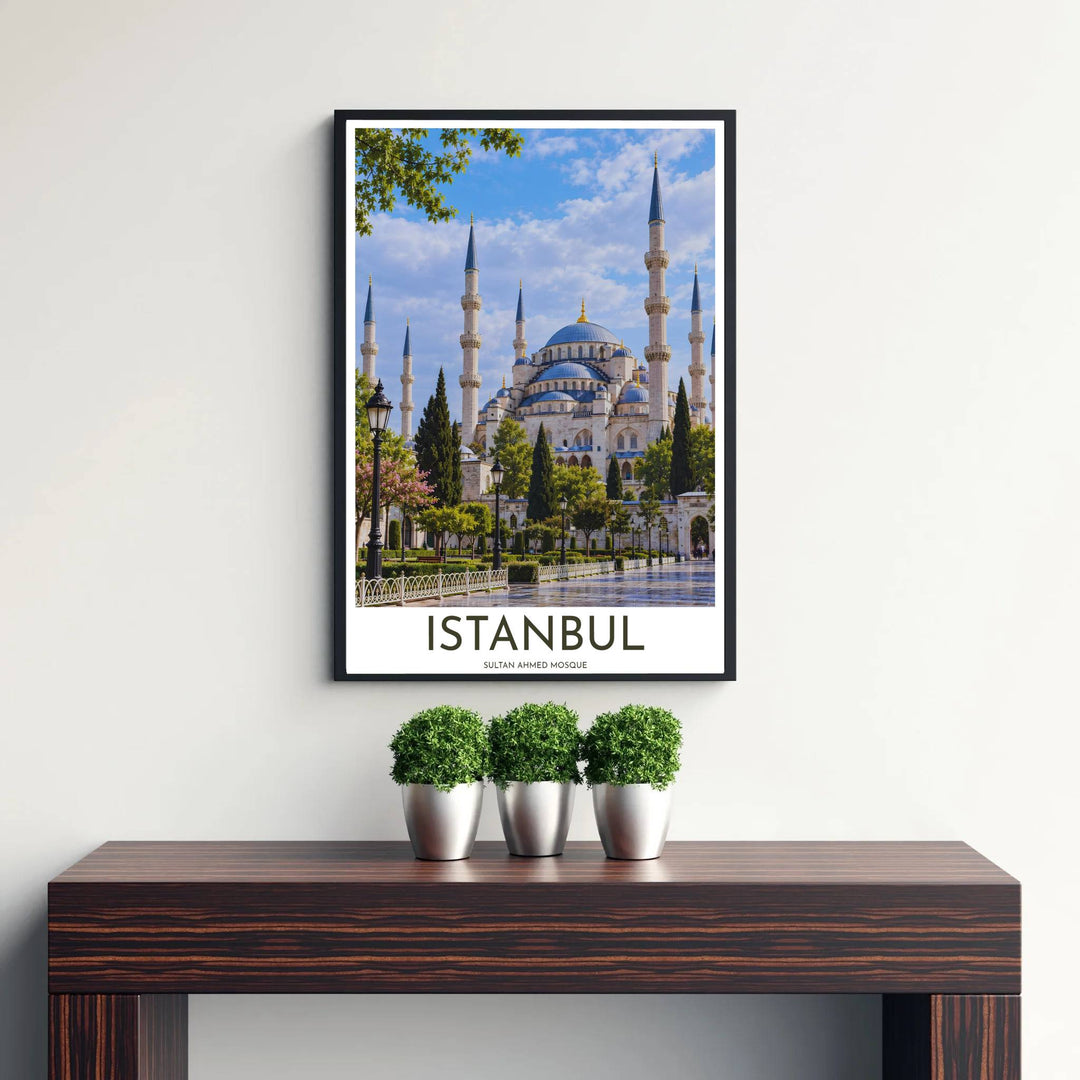 Classical Ottoman architecture photography poster featuring the Blue Mosque in Istanbul Turkey in full daylight. Supplied by MapYourDreams, this artwork is available in flexible options including unframed paper, custom wooden frames, and gallery canvas wraps for stylish decor.