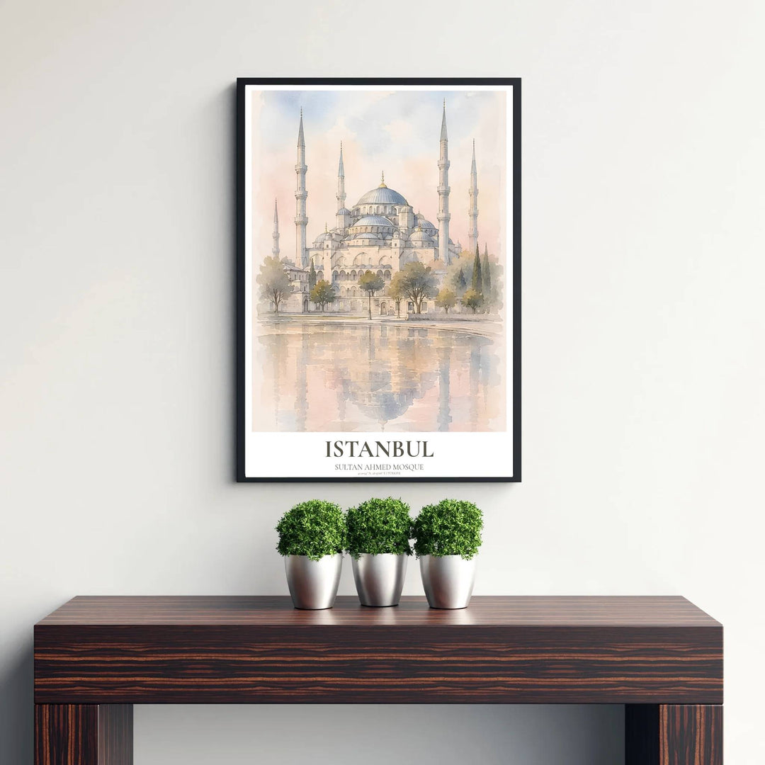 Soft blush and slate blue watercolor poster of Istanbul&
