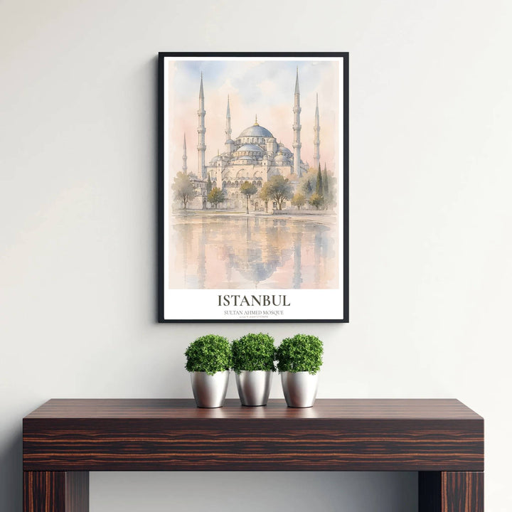 Soft blush and slate blue watercolor poster of Istanbul&