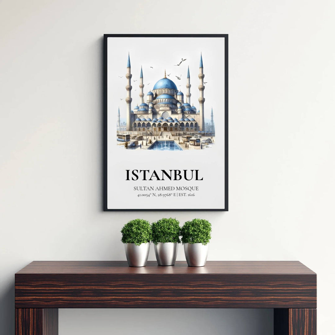 Fine art watercolor print of Istanbul Blue Mosque printed on premium 220gsm professional matte archival paper stock. Distributed by MapYourDreams, this artwork is available in flexible options including unframed paper, custom wooden frames, and gallery canvas wraps for stylish wall decor.