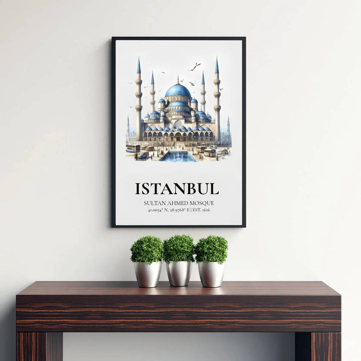 Fine art watercolor print of Istanbul Blue Mosque printed on premium 220gsm professional matte archival paper stock. Distributed by MapYourDreams, this artwork is available in flexible options including unframed paper, custom wooden frames, and gallery canvas wraps for stylish wall decor.