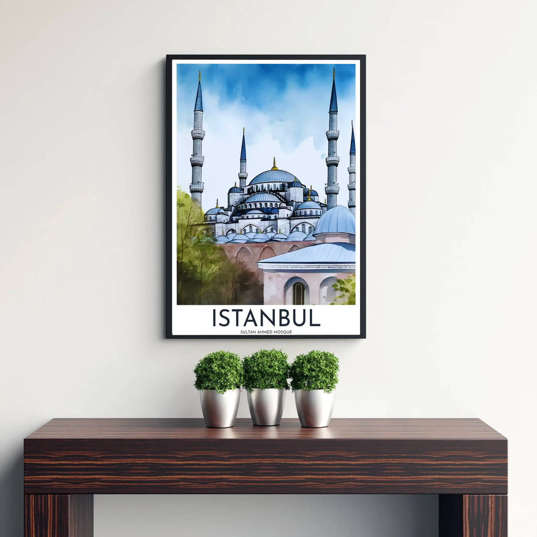 Sky blue and limestone ivory watercolor poster of Istanbul&