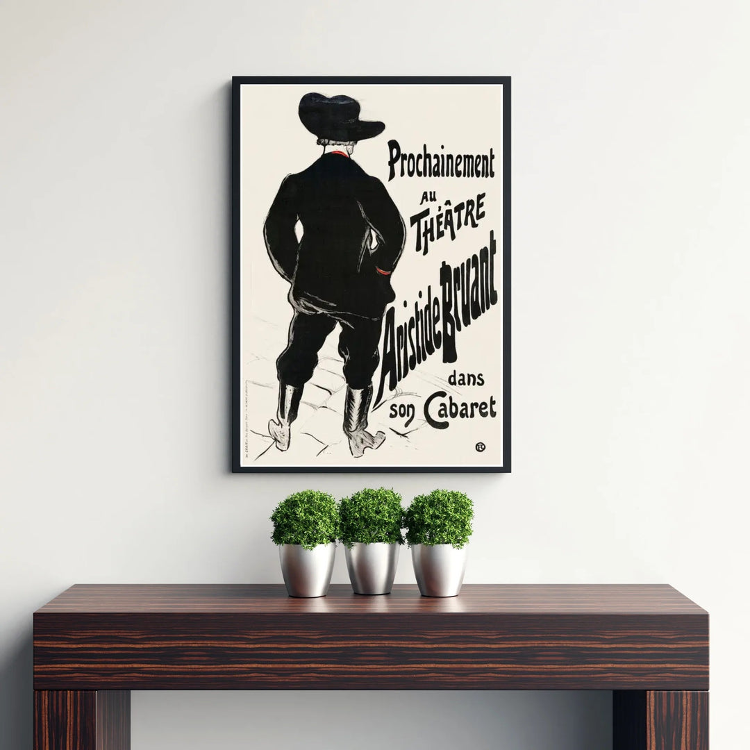 Historic lithograph poster reproduction of Bruant Au Mirliton (1894), Henri de Toulouse-Lautrec capturing late 19th-century cabaret culture in Paris, France. MapYourDreams features high-quality framed wall decor, unframed poster prints, and stretched canvas formats for vintage art collections.