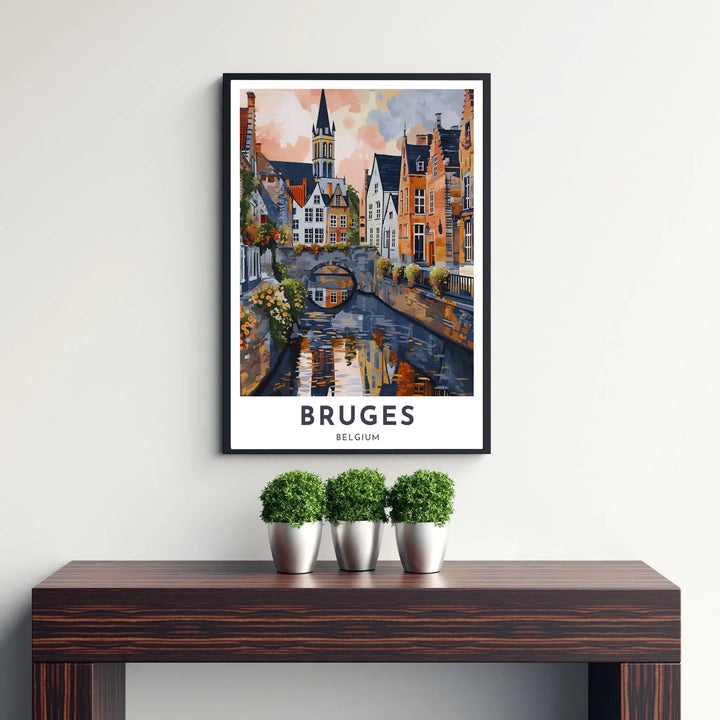 An impressionist city artwork showcasing the tranquil canal waters and historic step-gabled facades of Bruges, Belgium, under a warm pastel sky. Available from MapYourDreams in versatile choices including unframed archival poster paper, custom frames, and stretched gallery canvas formats.
