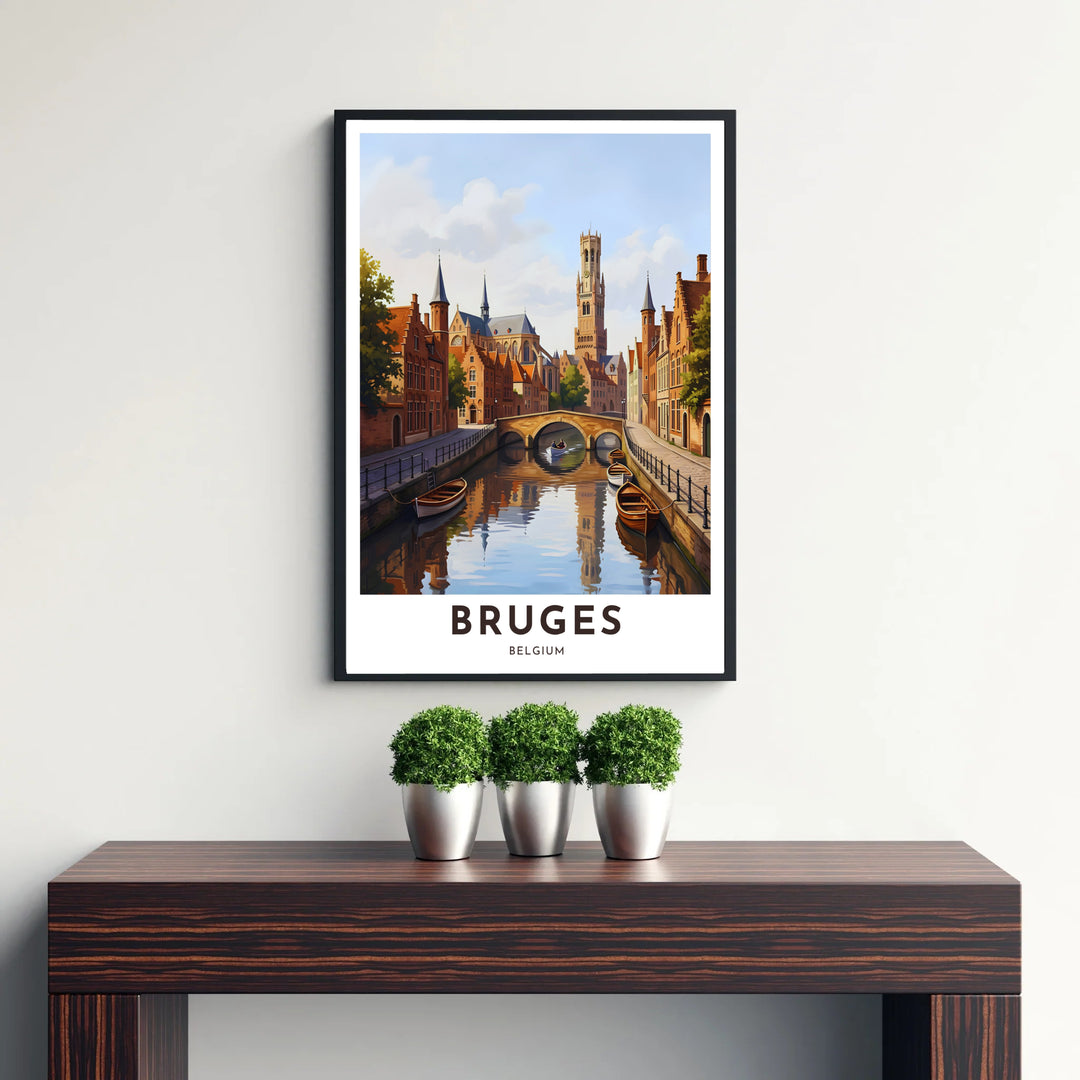 A modern city poster showcasing the historic canal district and soaring medieval towers of Bruges, Belgium, beneath a sunlit cloudy sky. Available from MapYourDreams in versatile choices including unframed archival poster paper, custom frames, and stretched gallery canvas formats.