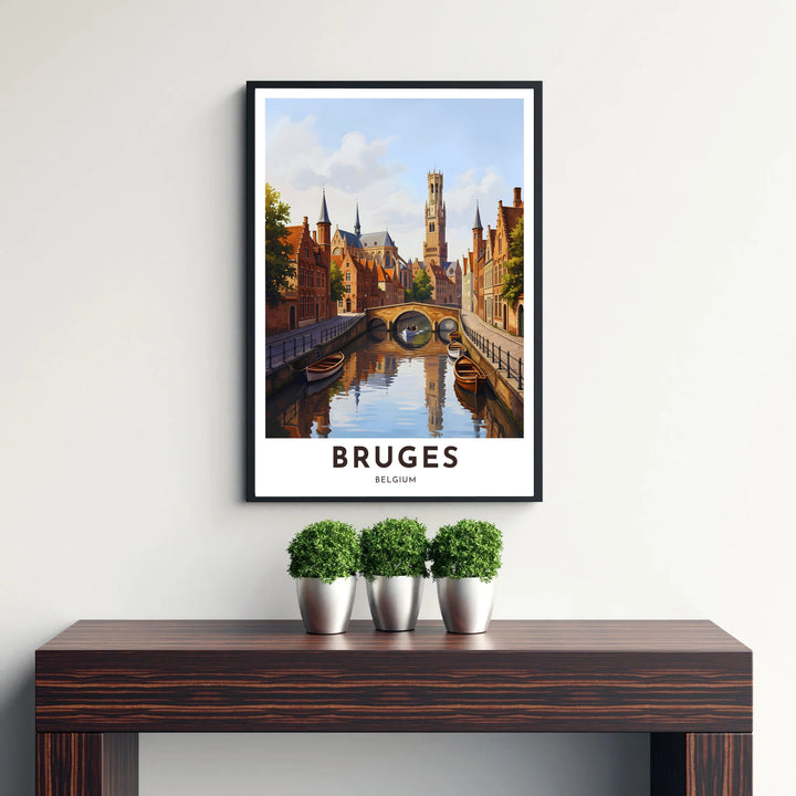 A modern city poster showcasing the historic canal district and soaring medieval towers of Bruges, Belgium, beneath a sunlit cloudy sky. Available from MapYourDreams in versatile choices including unframed archival poster paper, custom frames, and stretched gallery canvas formats.