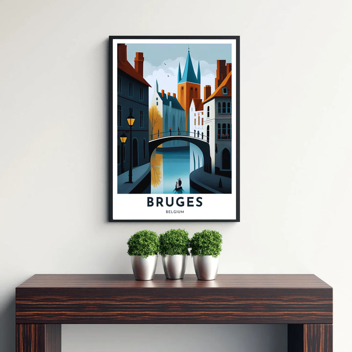 A modern vector poster showcasing the historic canal district and step-gabled roofs of Bruges, Belgium, against a clean light blue sky. Available from MapYourDreams in versatile choices including unframed archival poster paper, custom frames, and stretched gallery canvas formats.