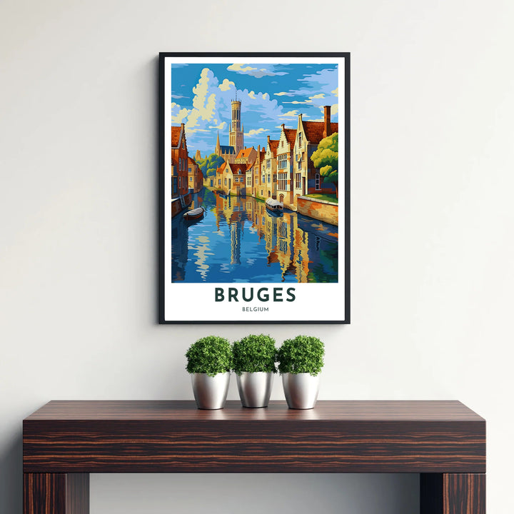 A modern city poster showcasing the historic canal district and soaring medieval towers of Bruges, Belgium, beneath a bright blue sky with graphic clouds. Available from MapYourDreams in versatile choices including unframed archival poster paper, custom frames, and stretched gallery canvas formats.