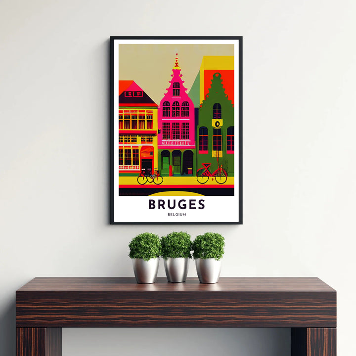 A modern graphic poster showcasing the vibrant townhouses and street bicycles of Bruges, Belgium, against a clean light background with bold typography. Available from MapYourDreams in versatile choices including unframed archival poster paper, custom frames, and stretched gallery canvas formats.