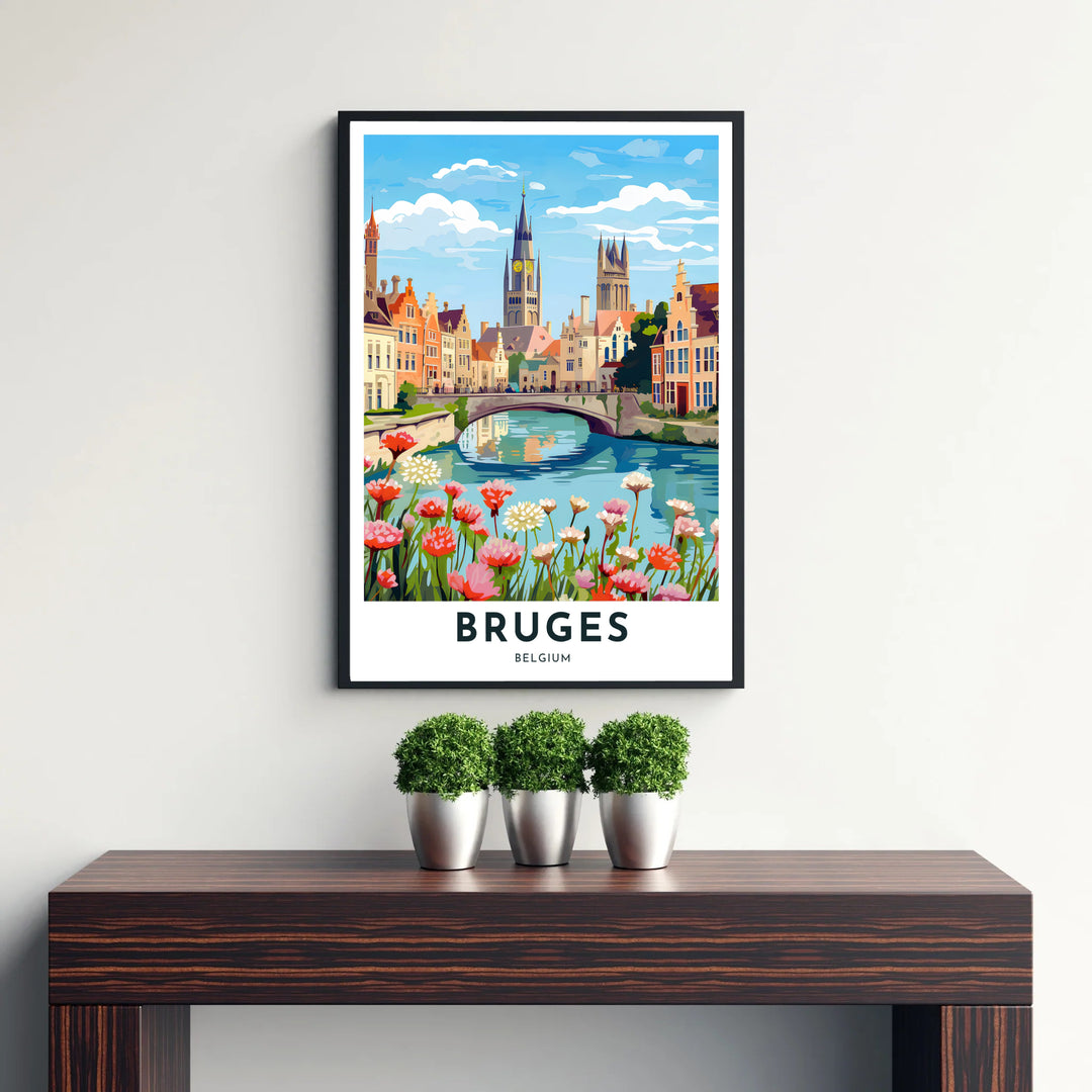 Elegant wall decor displaying pink and white flowers blooming along a canal in Bruges, Belgium, backed by traditional step-gabled architecture. Available from MapYourDreams in versatile choices including unframed archival poster paper, custom frames, and stretched gallery canvas formats.