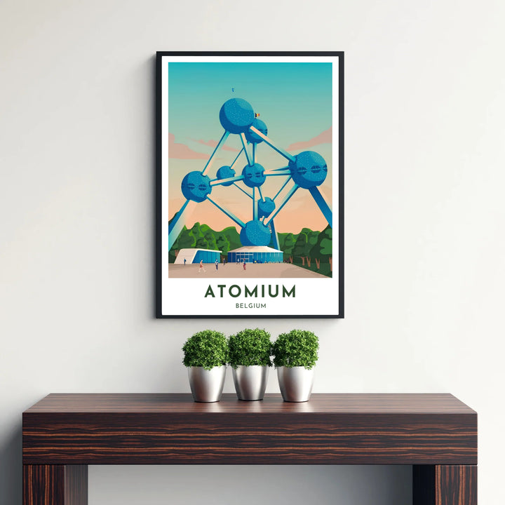 A modern travel poster depicting the iconic Atomium landmark in Brussels, Belgium, finished with crisp lower typography reading Atomium Belgium. Offered by MapYourDreams, this artwork is available in flexible options including unframed paper, custom wooden frames, and gallery canvas wraps.