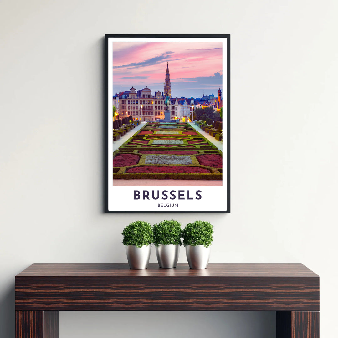 Atmospheric travel wall decor presenting the famous Mont des Arts view in Brussels, Belgium, with soft pink clouds and glowing city streetlights. Available from MapYourDreams in versatile choices including unframed archival poster paper, custom frames, and stretched gallery canvas formats.