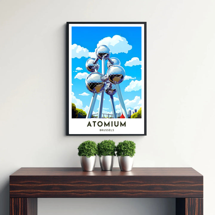 Atmospheric travel wall decor presenting the world-famous Atomium in Brussels, Belgium, bathed in bright sunshine beneath soft white clouds. Available from MapYourDreams in versatile choices including unframed archival poster paper, custom frames, and stretched gallery canvas formats.