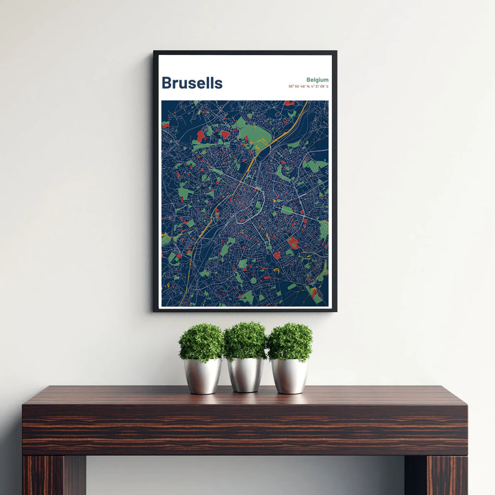 Atmospheric cartography wall decor displaying the intricate grid and urban layout of Brussels, Belgium, in deep blue and white tones. Available from MapYourDreams in versatile choices including unframed archival poster paper, custom frames, and stretched gallery canvas formats.