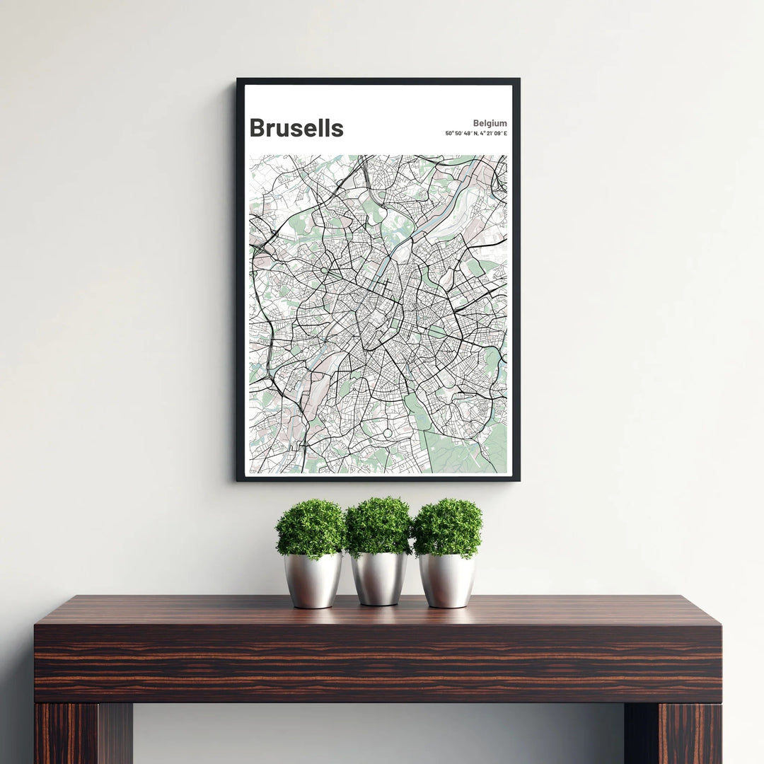 A stylish light green map poster outlining the central streets and outer neighborhoods of Brussels, Belgium. Offered by MapYourDreams, this artwork is available in flexible options including unframed paper, custom wooden frames, and gallery canvas wraps.