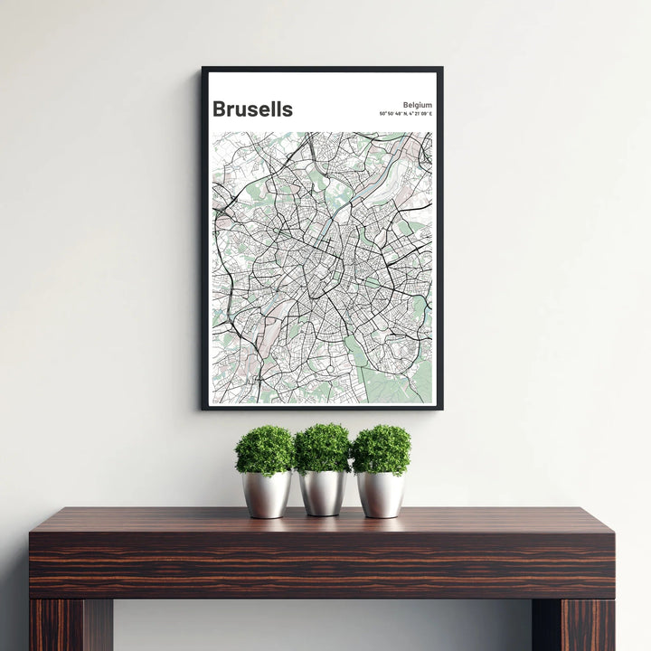 A stylish light green map poster outlining the central streets and outer neighborhoods of Brussels, Belgium. Offered by MapYourDreams, this artwork is available in flexible options including unframed paper, custom wooden frames, and gallery canvas wraps.
