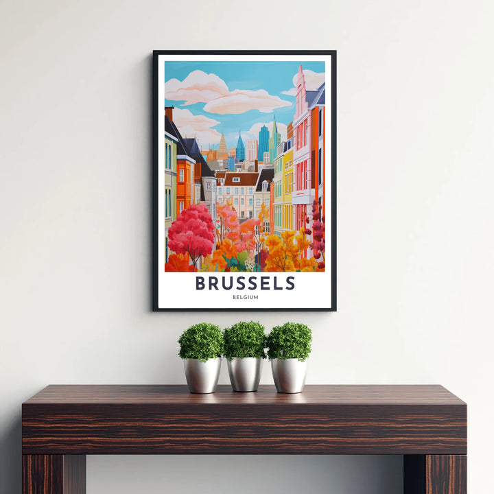 Atmospheric European city wall decor depicting the bustling streetscape and architectural skylines of Brussels, Belgium, in rich fall colors. Available from MapYourDreams in versatile choices including unframed archival poster paper, custom frames, and stretched gallery canvas formats.