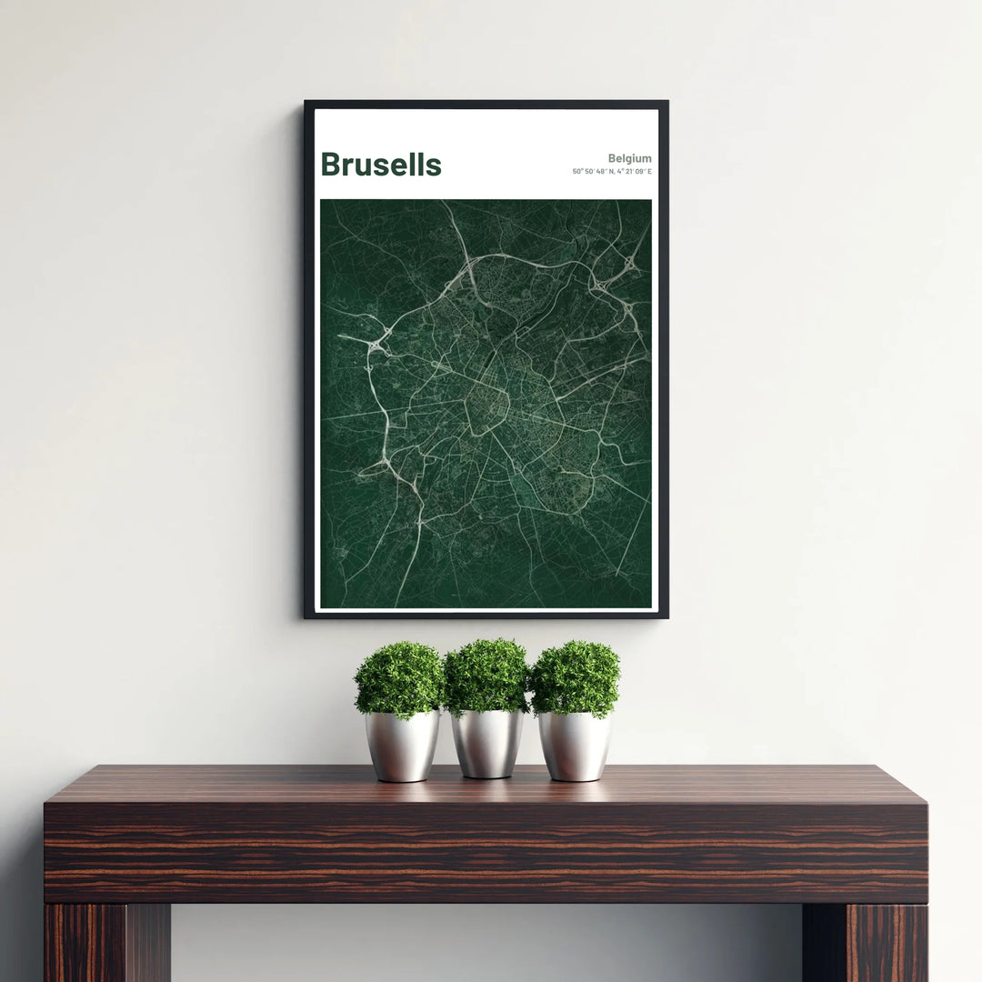 Atmospheric cartography wall decor displaying the intricate grid and urban layout of Brussels, Belgium, in velvety dark green and silver tones. Available from MapYourDreams in versatile choices including unframed archival poster paper, custom frames, and stretched gallery canvas formats.