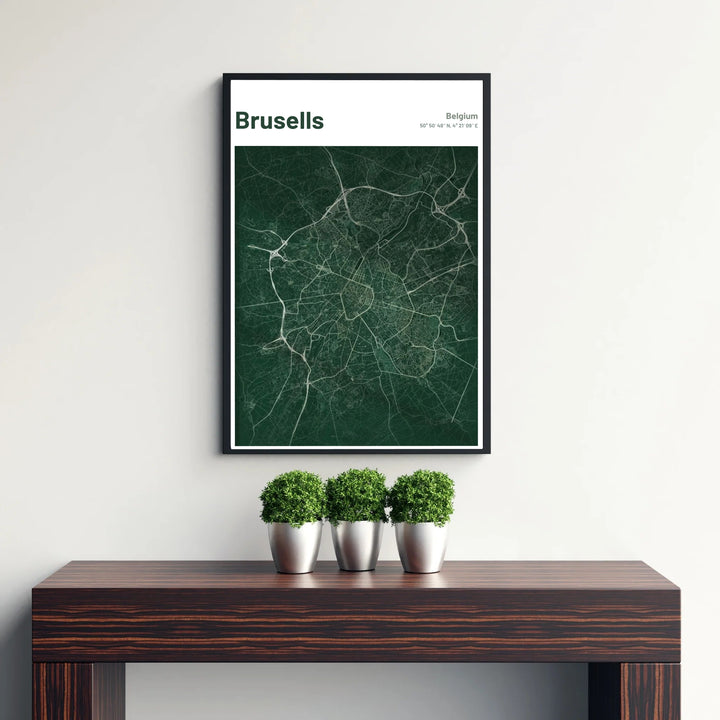 Atmospheric cartography wall decor displaying the intricate grid and urban layout of Brussels, Belgium, in velvety dark green and silver tones. Available from MapYourDreams in versatile choices including unframed archival poster paper, custom frames, and stretched gallery canvas formats.