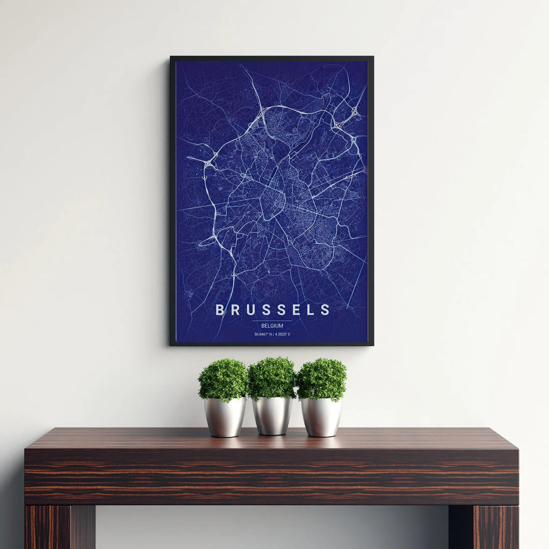 Classic cartography wall decor displaying the intricate grid and urban layout of Brussels, Belgium, in rich navy blue and bright white tones. Available from MapYourDreams in versatile choices including unframed archival poster paper, custom frames, and stretched gallery canvas formats.