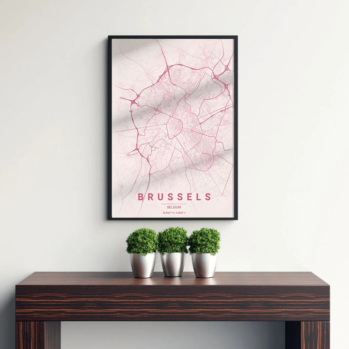 A charming blush map poster outlining the central avenues and surrounding neighborhoods of Brussels, Belgium. Offered by MapYourDreams, this artwork is available in flexible options including unframed paper, custom wooden frames, and gallery canvas wraps.