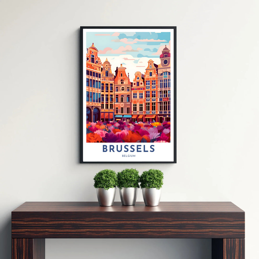 A charming architectural art print depicting the decorative rooflines and gables of Brussels Grand Place in Belgium. Offered by MapYourDreams, this artwork is available in flexible options including unframed paper, custom wooden frames, and gallery canvas wraps.