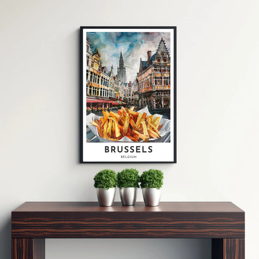 Painterly kitchen decor showcasing the iconic street food culture and Baroque architecture of Brussels Grand Place in Belgium. Available from MapYourDreams in versatile choices including unframed archival poster paper, custom frames, and stretched gallery canvas formats.