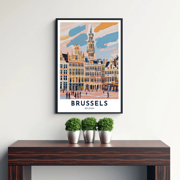 Romantic European city decor showcasing the iconic guild houses and bustling plaza of Brussels Grand Place in Belgium in soft pastel hues. Available from MapYourDreams in versatile choices including unframed archival poster paper, custom frames, and stretched gallery canvas formats.