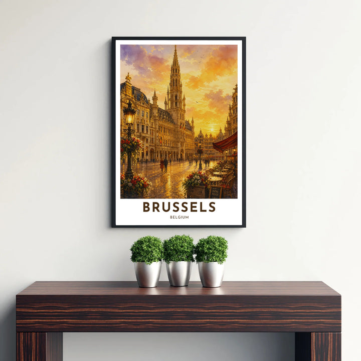 Atmospheric European city decor showcasing the iconic square and historic guild houses of Brussels Grand Place in Belgium at golden hour. Available from MapYourDreams in versatile choices including unframed archival poster paper, custom frames, and stretched gallery canvas formats.