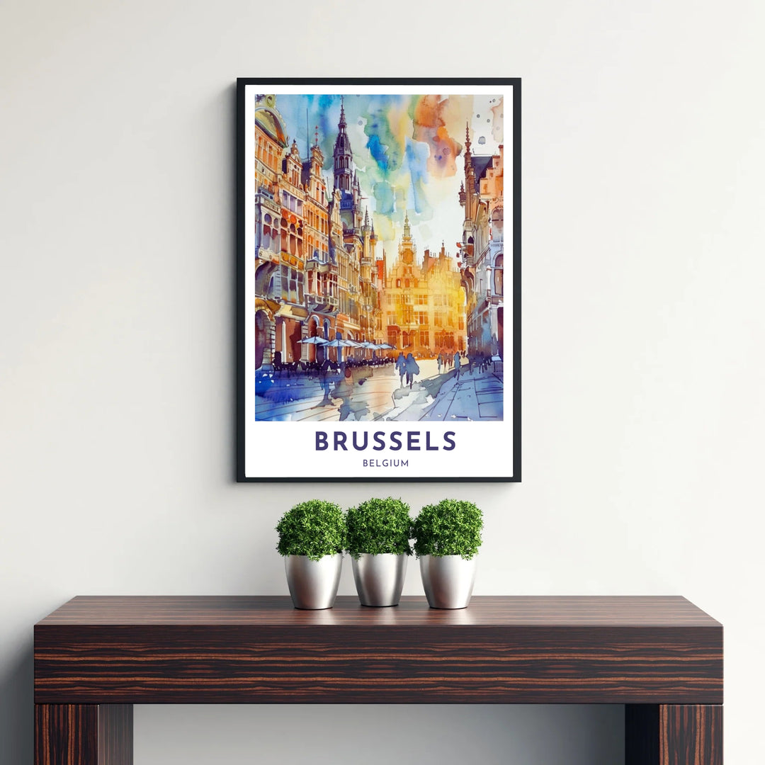 Dynamic European city decor showcasing the bustling market square and historic buildings of Brussels Grand Place in Belgium in rich watercolor tones. Available from MapYourDreams in versatile choices including unframed archival poster paper, custom frames, and stretched gallery canvas formats.
