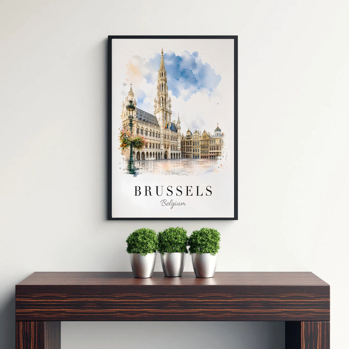 Sophisticated European city decor showcasing the iconic Grote Markt architecture of Brussels Grand Place in Belgium in soft pastel watercolors. Available from MapYourDreams in versatile choices including unframed archival poster paper, custom frames, and stretched gallery canvas formats.
